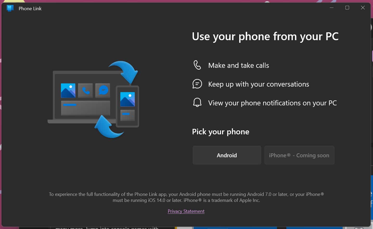Una captura de pantalla de la aplicación Phone Link 
